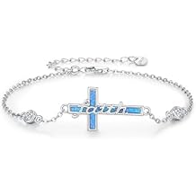 CHENGHONG Cross Blue Opal Bracelet for Women 925 Sterling Silver Faith Religious Bracelet Jewelry Gifts