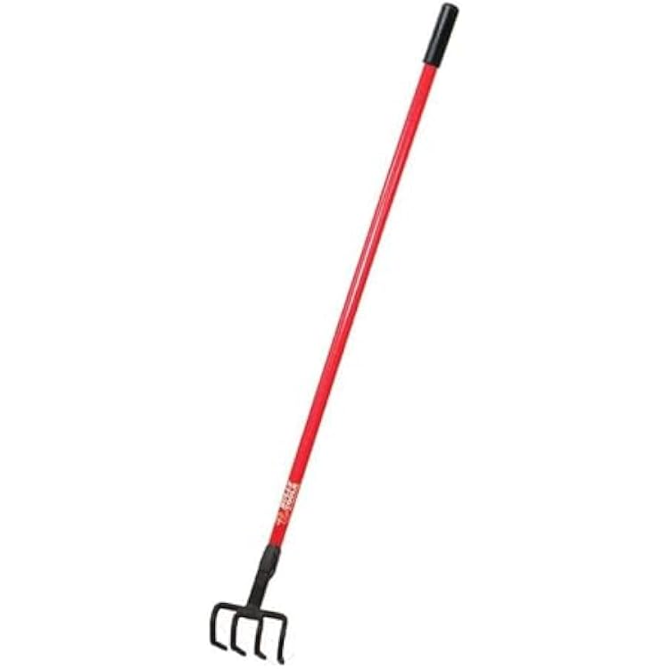 Bully Tools Four Tine Cultivator Heavy Duty Potato Hook Cultivator for Gardening with Long Fiberglass Handle, Mini Rake & Shrub Rake Function, Tilling & Aerating Tool - 100% Made in the USA, 58-Inch