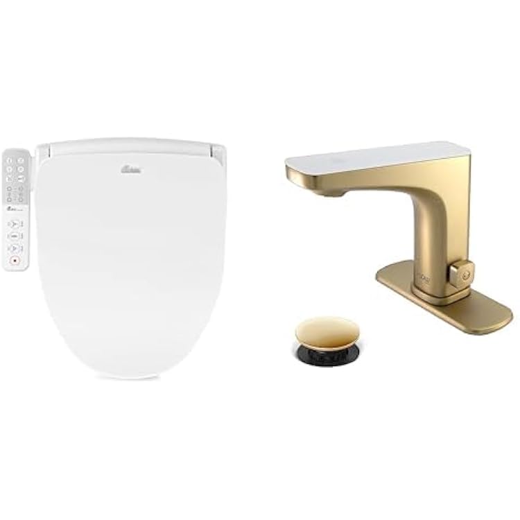 Bathroom Refresh Bundle Includes 1 Bio Bidet by Bemis Slim One Bidet Toilet Seat, Round, White and 1 Grove Motion Activated Hands Free Bathroom Faucet in Champagne Finish