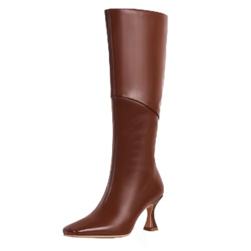 AMINUGAL Knee High Boots for Women Square Toe Kitten High Heel Tall Boots Fashion Side Zipper Stiletto Heel Long Boots for Wedding Party Wear