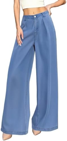 Womens Wide Leg Jeans, Baggy Denim Pants with Stretchy Mid Waist, Soft Loose Fit Palazzo Trousers for Women