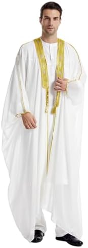 Muslim Thobe for Men Kaftan Robe Ramadan Abaya Prayer Dress Chiffon Open Front Embroidered Cardigan Islam Dubai Thobe Kimono