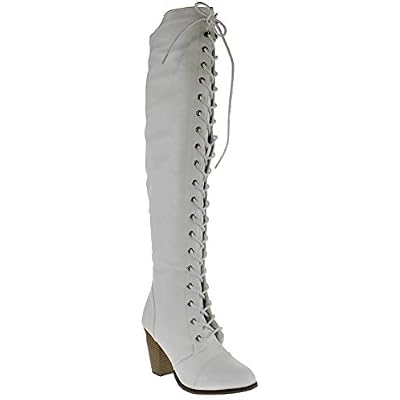 Forever Womens Chunky Heel Lace Up Over-The-Knee High Riding Boots,White,8