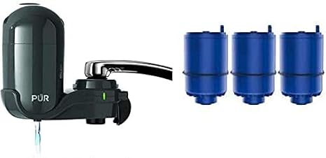 PUR Faucet Mount Verticle Water Filtration System, Black with 4 Replacement Filters Included