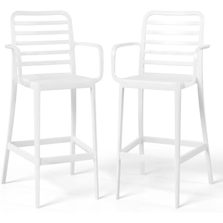 Costaelm Patio Stools & Bar Chairs Set of 2, Tall Patio Chair with Armrests and Footrest, Weather Resistance Bistro Island Chairs Counter Height Bar Stool for Yard, Garden, Balcony, White