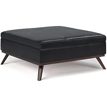 SIMPLIHOME Owen Square Coffee Table Storage Ottoman - 36 inch Wide Upholstered Vegan Leather Hydraulic Lift-Top Ottoman in Midnight Black, Mid-Century Modern Ottoman for Living Room with Tufted Detail