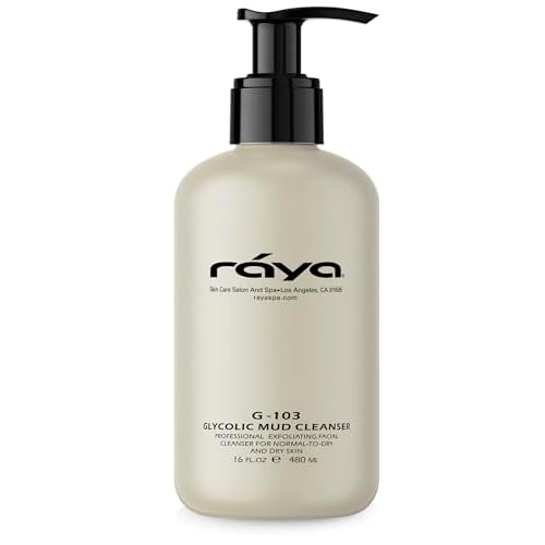 Raya Glycolic Mud Facial Cleanser with AHA 16 oz G-103 | Exfoliating pH Balanced Facial Cleansing Fluid for Non Sensitive, Dry and Combination Skin | Made with Alpha Hydroxy Acid and Volcanic Mud