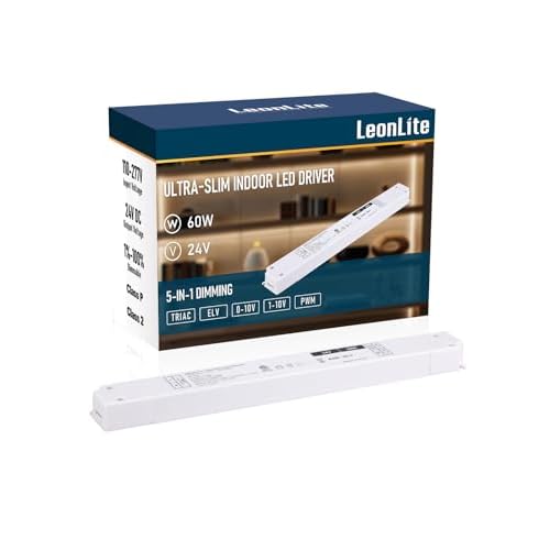 LEONLITE 60W 24V Ultra Slim LED Driver, Power Supply, 5-in-1 Dimming Transformer for Display Lighting, Compatible with TRIAC ELV 0-10V PWM, ETL FCC Listed, Class 2 & Class P, 110277V Input
