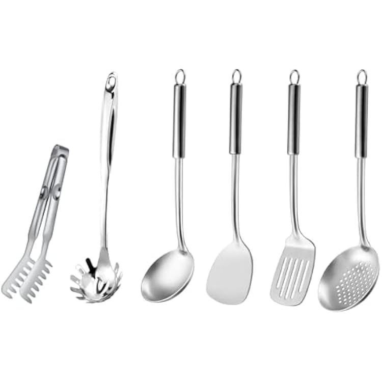 Pleafind 6-Piece Kitchen Utensil Set, Includes Spaghetti Spoon, Spaghetti Tong, Wok Ladle, Slotted Spoon, Wok Spatula, and Slotted Spatula, Non-Stick and Dishwasher Safe Stainless Steel, Ergonomic Des