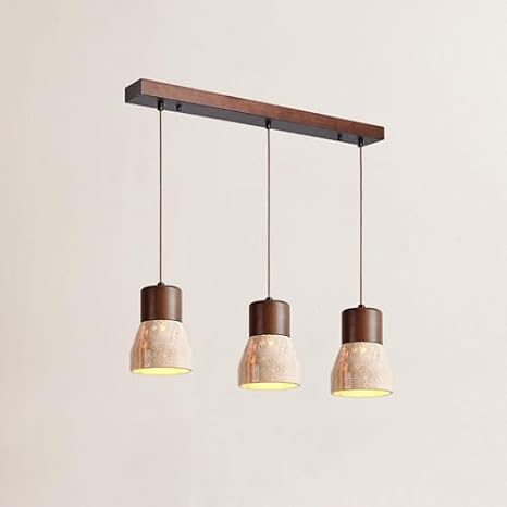 Vintage Pendant Light Fixtures - 3 Cluster Natural Stone Hanging Lamps for Kitchen, Dining Room & Bedroom - Mid Century Wabi Sabi Rustic Chandelier - Farmhouse Stairwell Lighting,Long Ceiling,Walnut