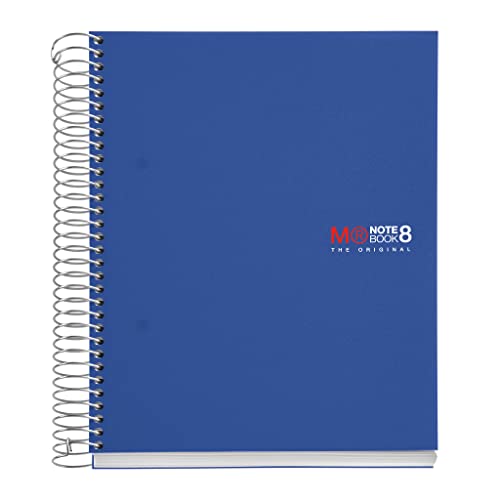 Miquelrius - The Original A5 Notebook, 8 Coloured Stripes, Opaque Polypropylene Cover, A5 Size 148 x 210 mm, 2 Drills, 200 Sheets of 70 gm2, 5 mm Square, Blue