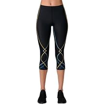 CW-X Women's Stabilyx Mid Rise Capri Compression Leggings, 125806, Performance 3/4 Tights with Joint Support, Black/Coastal, Small
