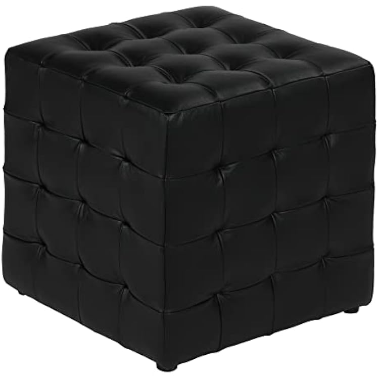 Cortesi Home Charli Tufted Cube Ottoman in 100% Genuine Leather, Black