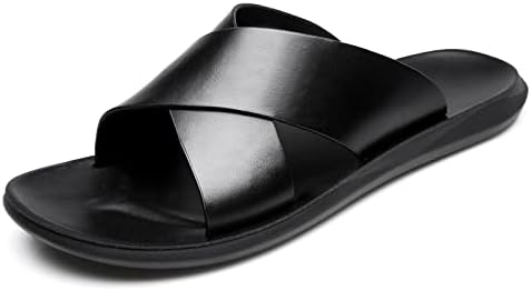 Men's Leather Slip on Slides Sandals Comfortable Lightweight Open Toe Anti-Slip Flat Summer Casual Slippers Indoor Outdoor Walking Beach Sandals