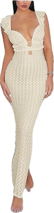 LOUSEA Women's Crochet Beach Dress Puffle Sleeve Hollow Out Knit Dress Vneck lace-up Pleated Dress Long Summer Outfits
