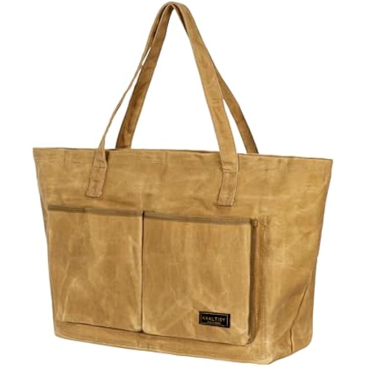 Reusable Tote Bag | Heavy Duty 16OZ Waxed Canvas Grocery Bag - Multifunctional Bag with Zipper Pocket & Multiple Compartments for Shopping Daily Use | 15.5 x 5.5 x 11.5, Khaki Canvas Tote Bag