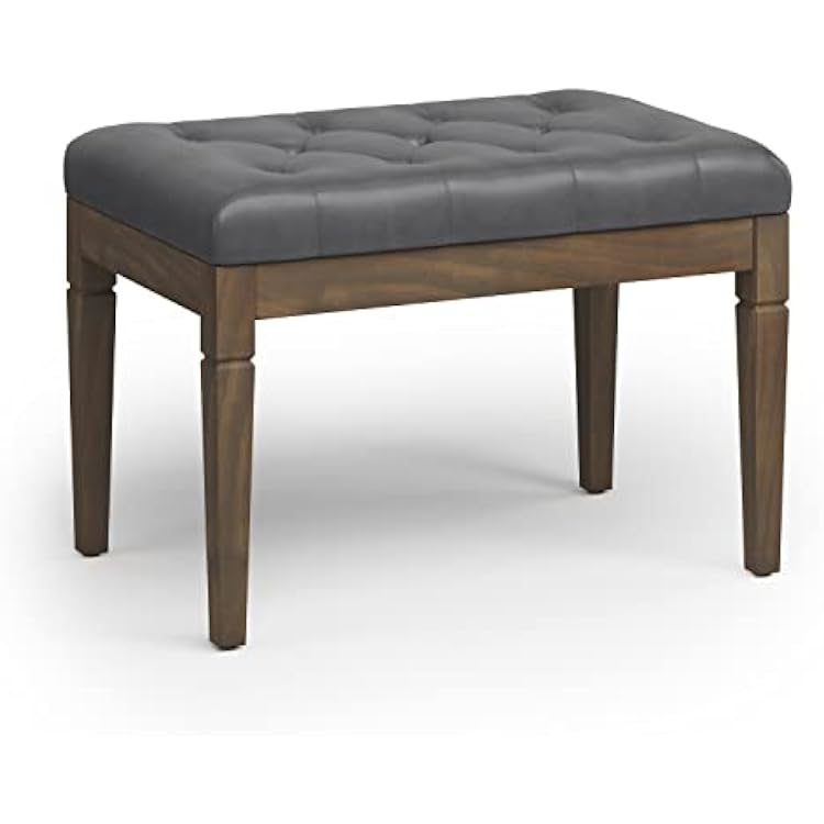 SIMPLIHOME Waverly Small Tufted Ottoman Bench - 28 inch Wide Upholstered Vegan Leather Rectangle Footstool Ottoman in Stone Grey, Traditional Bench for Bedroom or Living Room with Carved Legs