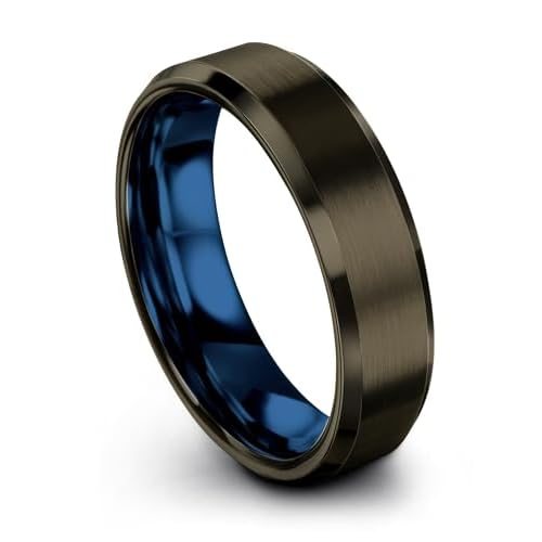 Tungsten Carbide Wedding Band Ring 8mm 6mm for Men Women Blue Black Gunmetal Interior with Beveled Edge Brushed Polished Personalized Custom Engraving Anniversary Engagement
