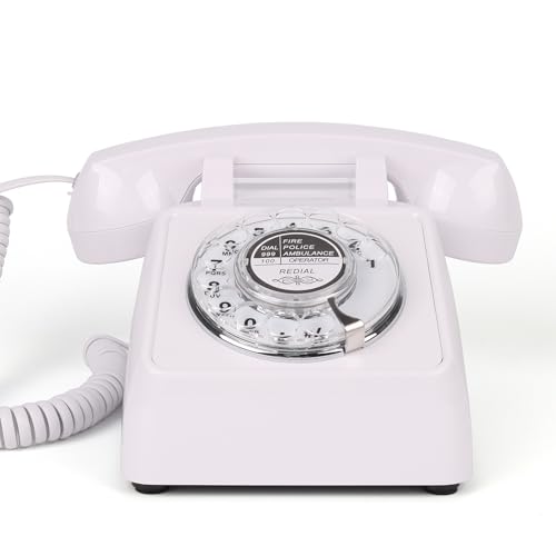 Rotary Retro Phone, Landline Phone with Old Fashion Rotary Dial, Adjustable Volume Corded Phone with Redial Function, Decorative Retro Phones for HomeOffice, Vintage Gift Phone,White