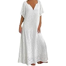 Women's 2025 Summer Short Sleeve Knee Length Dress V Neck Ruffle Hollow Out Eyelet Lace Dresses