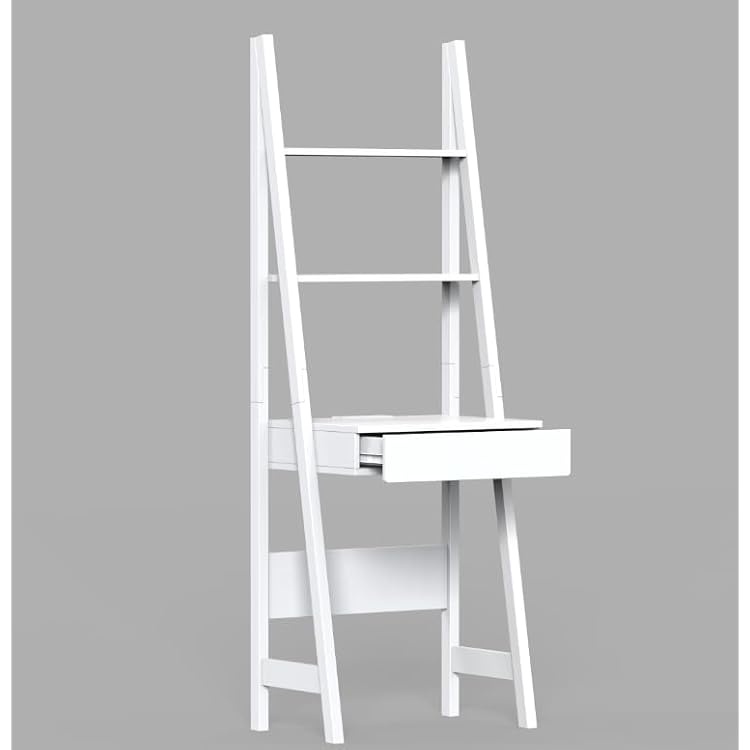 Haotian Ladder Desk with Power Outlet Narrow Bookshelf Desk with Drawer and Shelves, Compact Secretary Desk for Small Spaces, Modern Home Office Workstation Desk, White FWT112-W