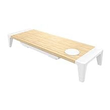 Bostitch Office Wooden Monitor Stand with Wireless Charging Pad, Drawer for Storage, Adjustable Height Riser Includes Removable Non-Skid Rubber Feet - Wood Grain and White (STND-2408WH)