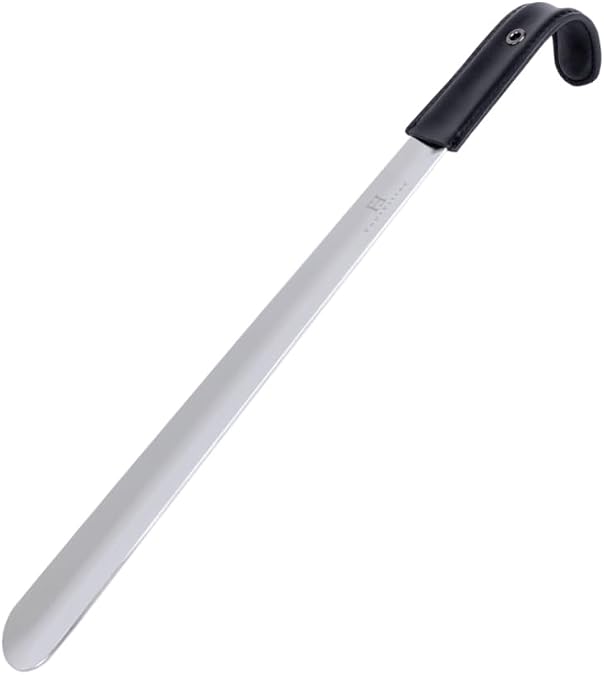 FootFitter 1.8mm Extra Thick Stainless Steel Long Shoe Horn HeavyDuty | Reinforced Stainless Steel Design with Leather Grip Handle for Powerful Heel Control, Extended Comfort & Daily Stability