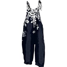 NAMTYQX Women Linen Overalls Summer Casual Floral Printed Loose Fit Jumpsuits Boho Cute Wide Leg Rompers Pants with Pockets