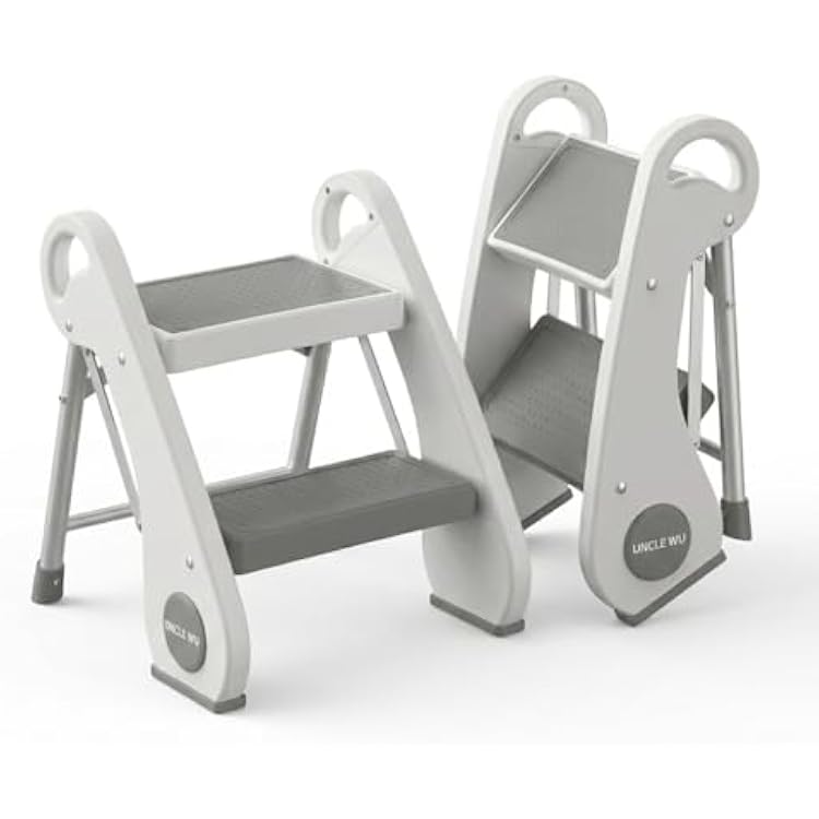 UNCLE WU Foldable Step Stool for Toddlers 10.6 High - Portable Mini 2-Step Steel Frame Stool for Bathroom Sink, Potty Training & Kitchen - Anti-Slip, Space Saving Travel Size, Supports 200lbs