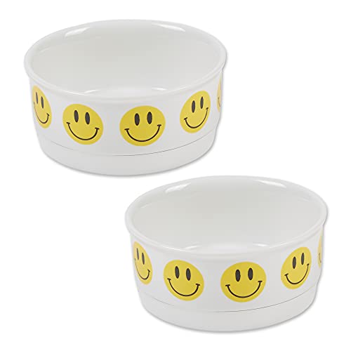 Bone Dry Ceramic Food Bowls, Non-Slip & Dishwasher Safe, Small Set, 4.25x2, Smiley Face, 2 Count