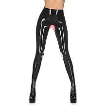 Women Black Latex Pants Open Crotch with Socks Tight Slim Mid Waist Trousers Leggings