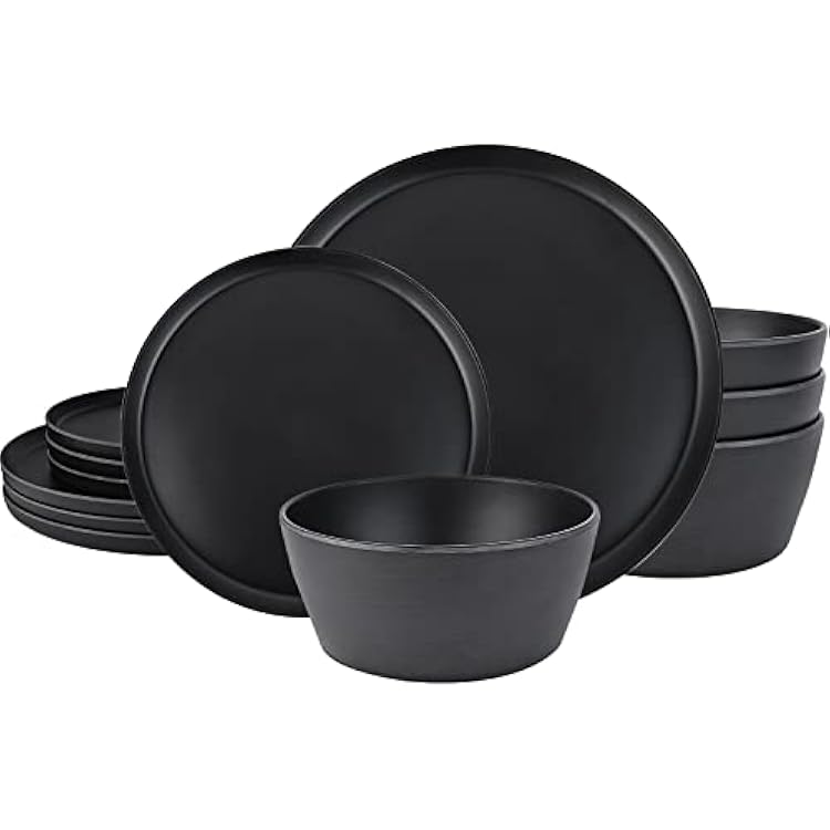 12-Piece Plastic Dinnerware Set Plates and Bowls Sets Service for 4 Matte Black Melamine Plates Unbreakable Plastic Outdoor Camping Dishes Decor Dishwasher Safe