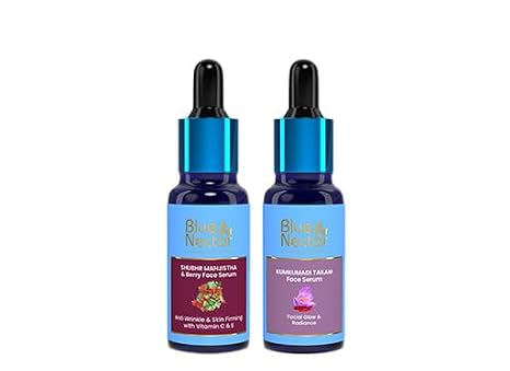 Blue Nectar Manjistha Vitamin C Face Serum for Anti Wrinkle & Skin Firming (1FlOz) with along with Kumkumadi Face Oil, crafted with natural herbs for radiant skin (0.33 Fl Oz)