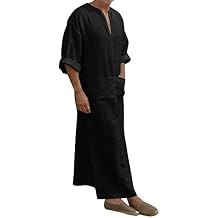 Kaftan Thobe Mens Long Sleeve V-Neck Linen Robe Big and Tall Muslim Robe Casual Loose Lightweight Long Sleeping Gown