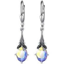 AOBOCO Vintage Earrings for Women Sterling Silver Retro Drop Dangle Leverback Earrings with 8x6mm Oval Genuine or Simulated Birthstone Crystal from Austria, Anniversary Jewelry Gifts for Her (Gift Box)