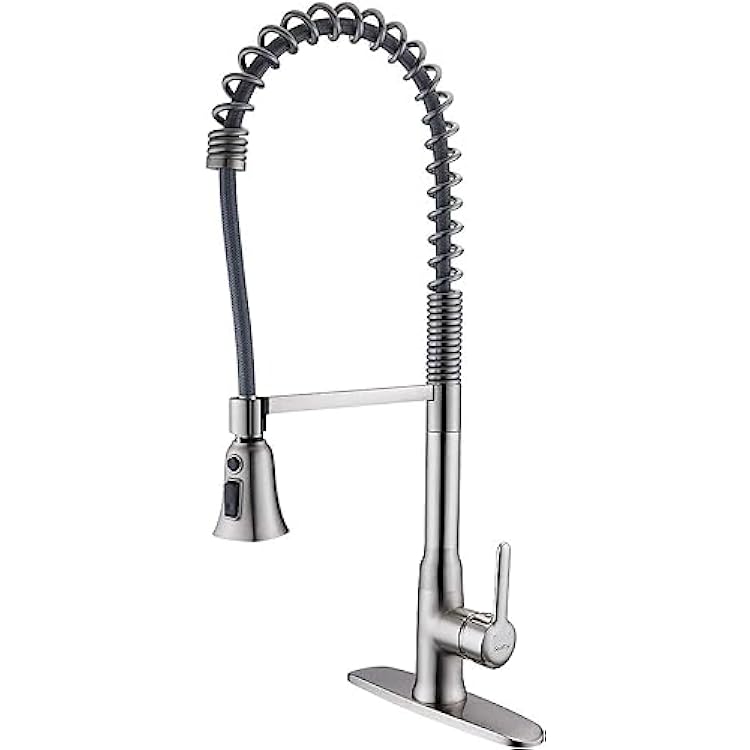 Solid Brass Kitchen Faucets with Pull-Down Sprayer, Commercial Single Handle Single Lever with Pause Button, 24 inch High Standard Kitchen Sink Faucet, Brushed Kitchen Faucets