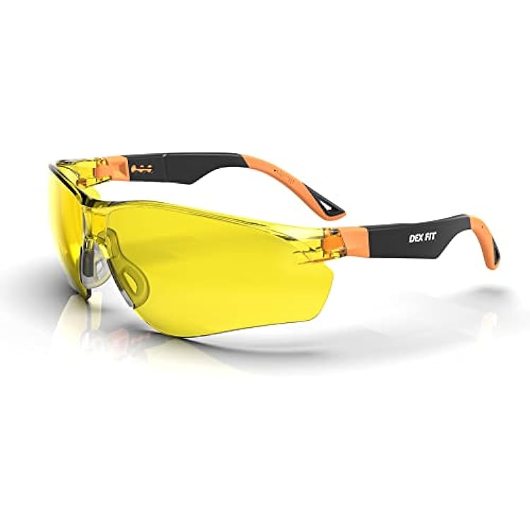 DEX FIT Safety Glasses SG210 - Yellow Lens, Blue Light Blocking & Night Vision Enhancement, Anti-Fog Z87.1 Eye Protection, Adjustable Arms for Shooting, Gaming & Low Light Work; Black & Orange, 1 PC