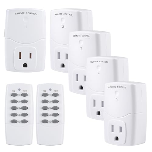 BN-LINK Mini Wireless Remote Control Outlet Switch Power Plug in for Household Appliances, Wireless Remote Light Switch, LED Light Bulbs, White 2 Remotes  5 Outlets 1250W10A