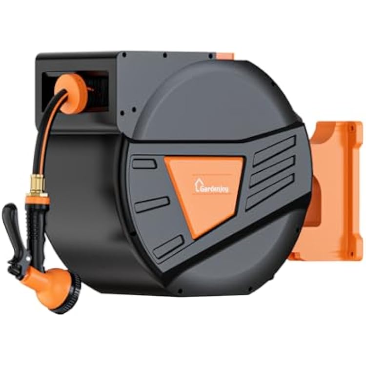 GARDENJOY Retractable Garden Hose Reel, 130ft x 12 inch Heavy Duty Garden Hose with 180Swivel Wall Mounted Bracket, 10 Pattern Sprayer Nozzle, Any Length Lock & Slow Return System