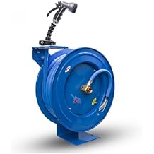 BLUSEAL BSWR5850 Retractable Hose Reel with 5/8" x 50' Hot Water Rubber Hose, 6' Lead-in, 500 PSI, Brass Fittings, Swivel Mount Hose Reel, 9 Pattern Spray Nozzle