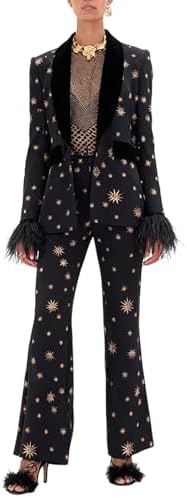 Women Embroidered Feather Cuffs Patchwork Blazer Pants 2 Pieces Set Velvet Shawl Lapel Pockets Suit for Party Prom