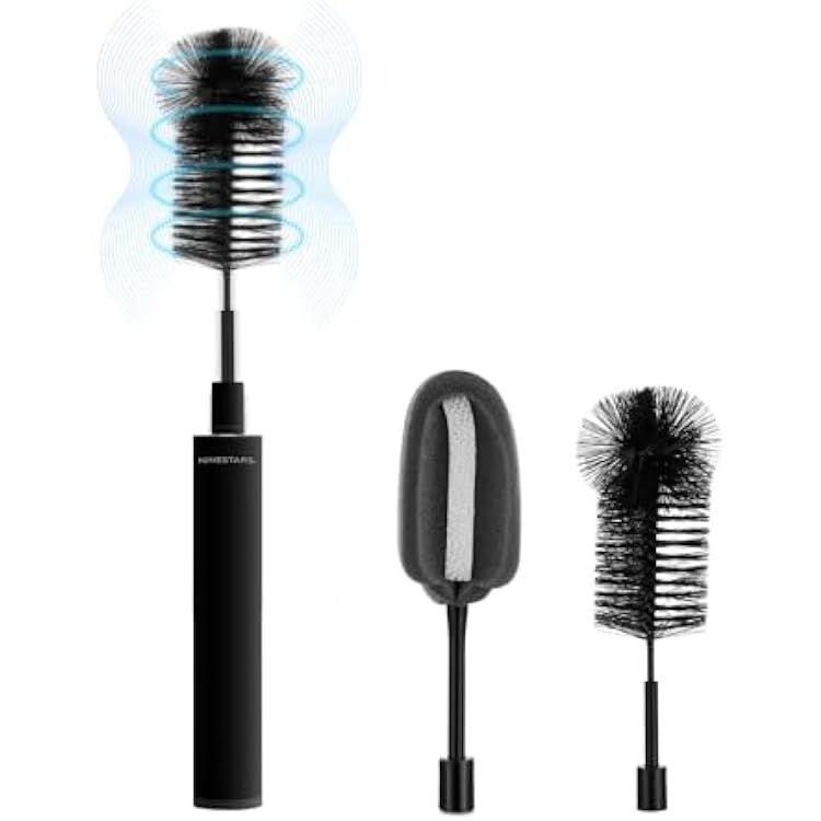 NINESTARS Electric Baby Bottle Cleaning Brush wSponge Brush & Bristle Head, Long-Lasting Battery Electric Bottle Cleaner for All Families, New Mom, Time Saving Household Cleaning Tool Black Metal