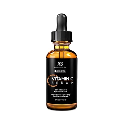 Radha Beauty Natural Vitamin C Serum 2oz, Vitamin C, Vitamin E, Hyaluronic Acid and Aloe, Facial Serum for Anti-Aging Wrinkles, Dark Spots, Fine Lines