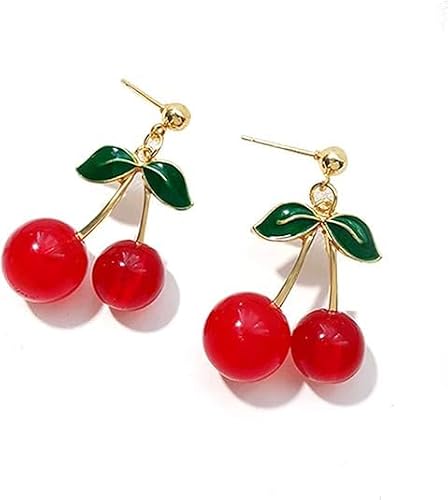 Creative LightWeight 3D Red Fruits Cherry Earrings for Women,Sweet & Green Crystal Earrings,Leaf Lovely Cherry Dangle Earrings