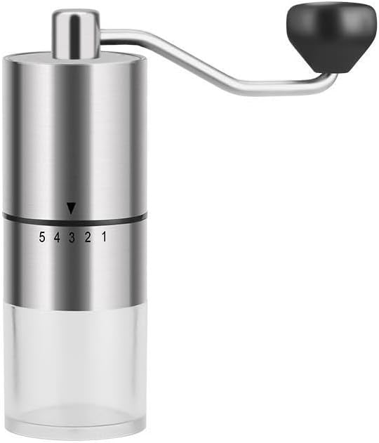 Portable Manual Coffee Grinder - Conical Burr with 5 Adjustable Settings for Smooth Grinding, Perfect for Espresso Enthusiasts at Home, Office, or Camping (Stainless Steel)