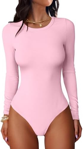 ANRABESS Women Long Sleeve Crew Neck Bodysuits Top 2025 Fall Slim Fit Ribbed Knit Soft Basic Tee Shirts