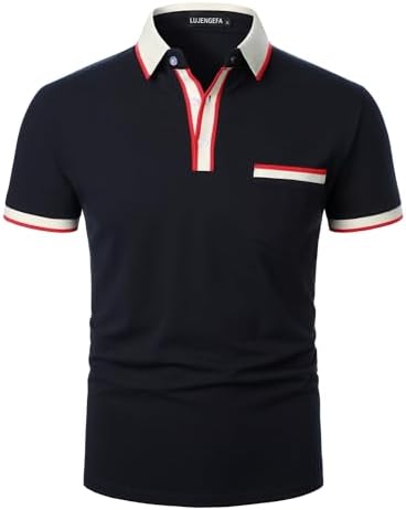 Mens Polo Shirts Short Sleeve Striped Contrast Collar Golf Polo with Pocket Casual Cotton T Shirts for Men