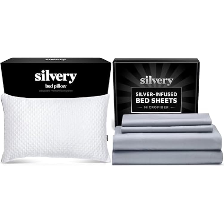 Silvery Save More Bed Pillow Queen Bed Sheets King Value Bundle Ultra Soft Cooling Sheets & Self-Cleaning Pillow for Hygienic, 5-Star Sleep Comfort