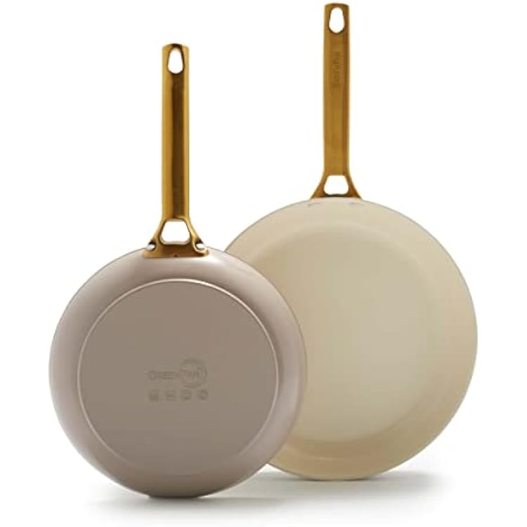GreenPan Hard Anodized Healthy Ceramic Nonstick 10 and 12 Frying Pan Skillet Set, Gold Handle, PFAS-Free, Dishwasher Safe, Oven Safe, Taupe
