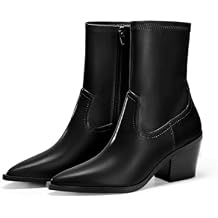 Coutgo Womens Pointed Toe Ankle Boots Chunky Stacked Heel Side Zipper Leather Fall Booties Shoes